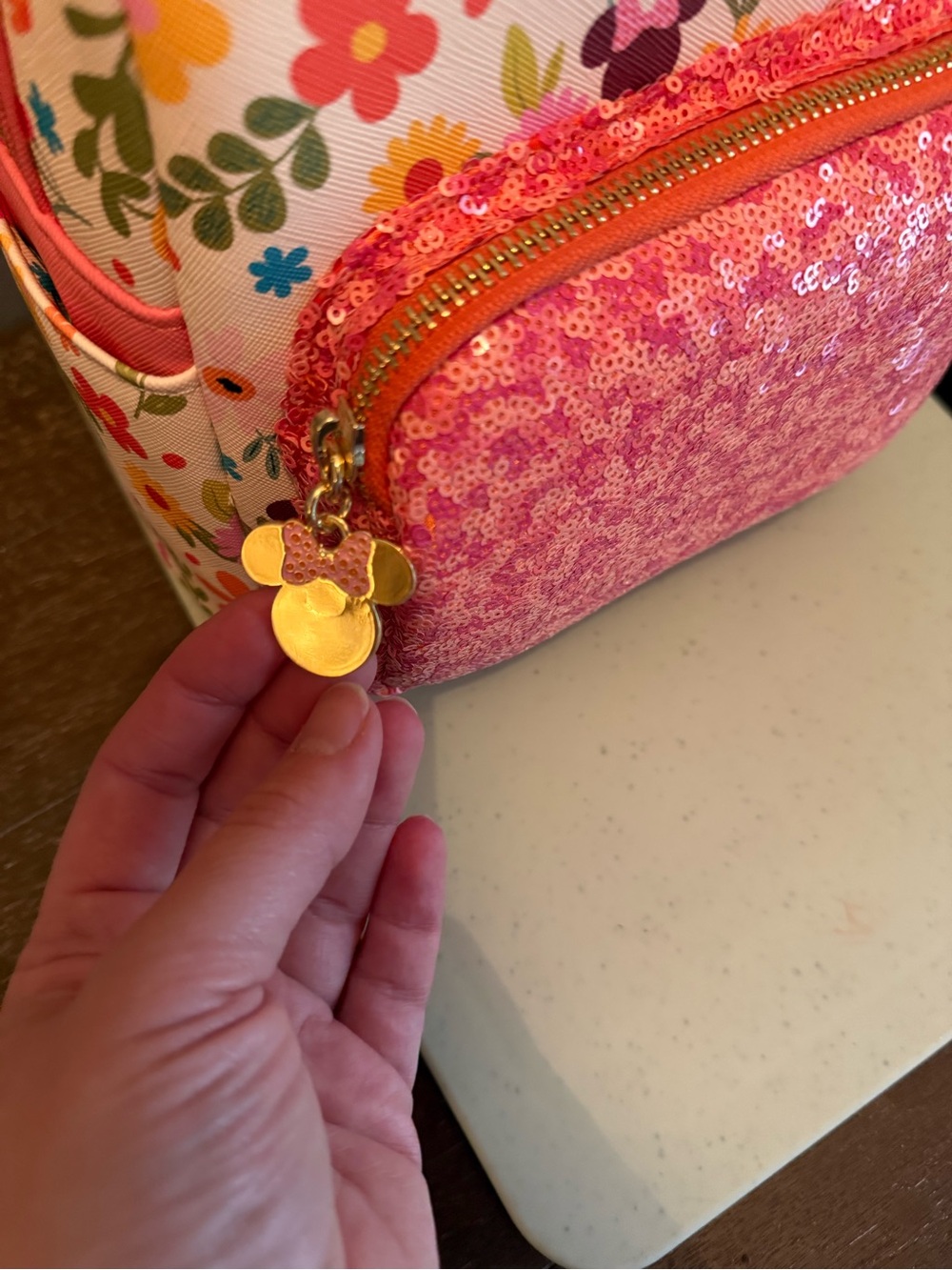 Loungefly Floral Minnie Ear Backpack - Pink Sequin Bow - Picture 2 of 9